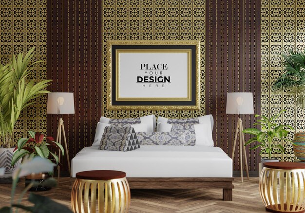 PSD poster frame mockup interior in a bedroom