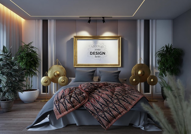 PSD poster frame mockup interior in a bedroom