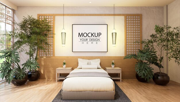 PSD poster frame mockup interior in a bedroom