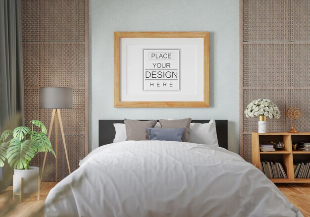 PSD poster frame mockup interior in a bedroom