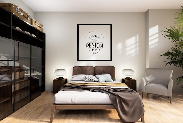 PSD poster frame mockup interior in a bedroom