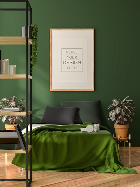 PSD poster frame mockup interior in a bedroom