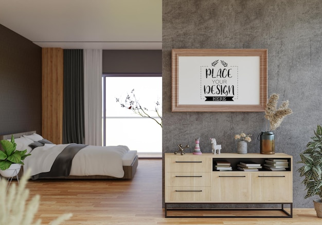 PSD poster frame mockup interior in a bedroom