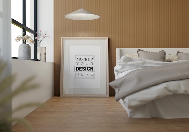 Poster frame mockup interior in a bedroom