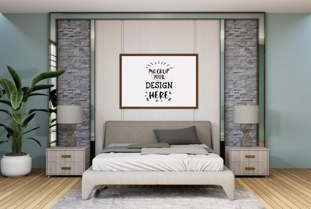 Poster frame mockup interior in a bedroom