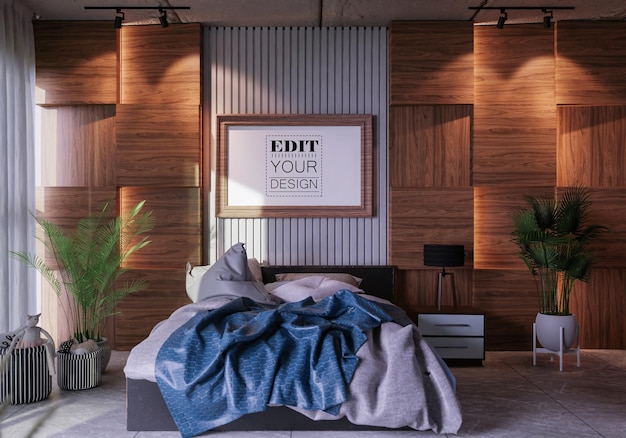 PSD poster frame mockup interior in a bedroom