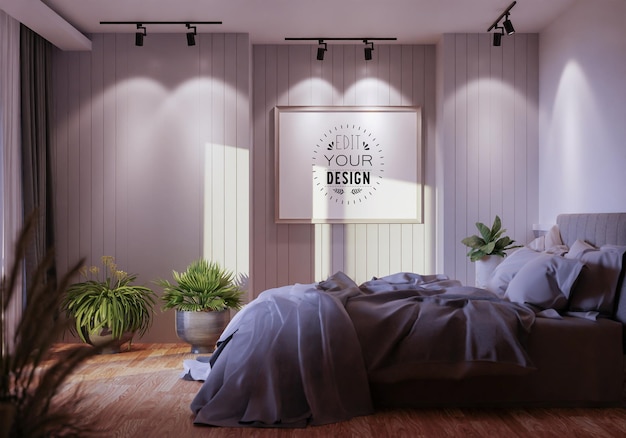 PSD poster frame mockup interior in a bedroom