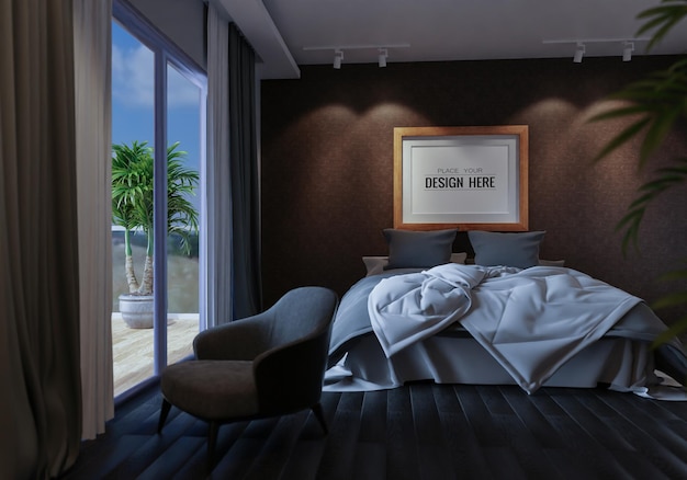 PSD poster frame mockup interior in a bedroom