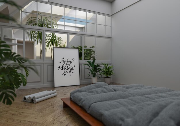 PSD poster frame mockup interior in a bedroom
