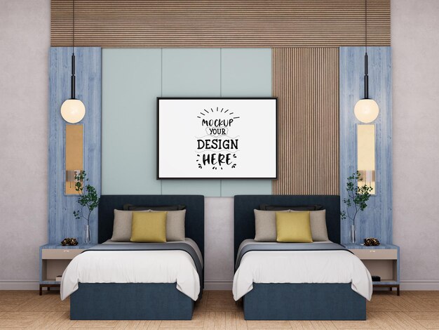 PSD poster frame mockup interior in a bedroom