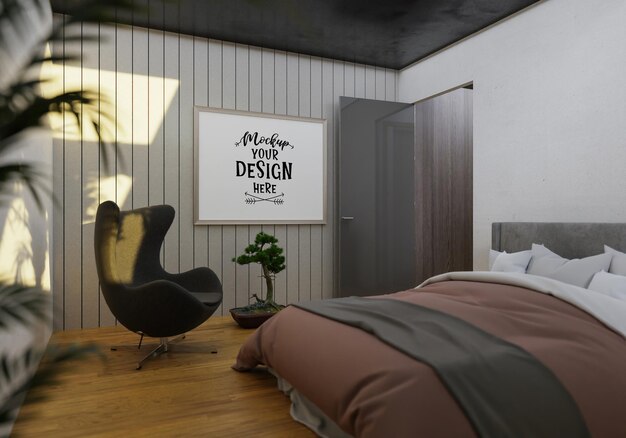 PSD poster frame mockup interior in a bedroom