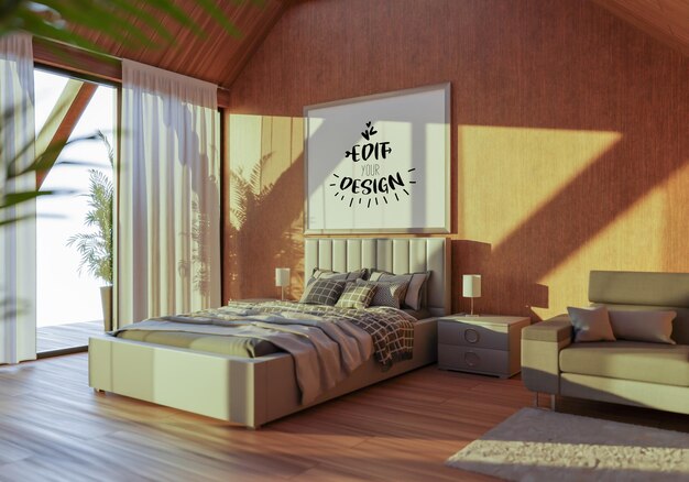 PSD poster frame mockup interior in a bedroom