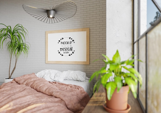 PSD poster frame mockup interior in a bedroom