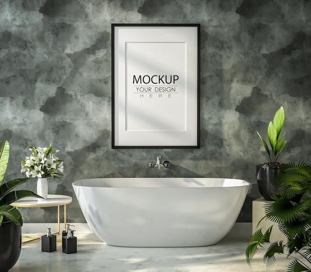 PSD Плакат рамка мокап интерьер в ванной комнате