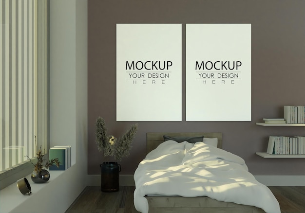 Постер рамка мокап интерьера в спальне
