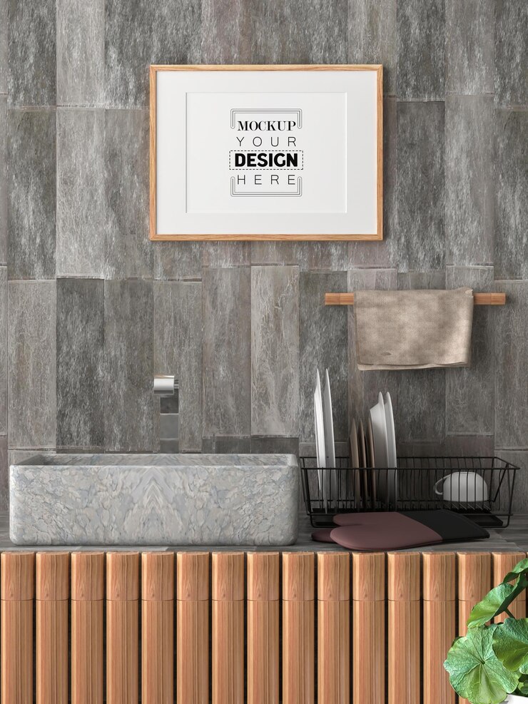 PSD poster frame mockup interior in a kitchen room