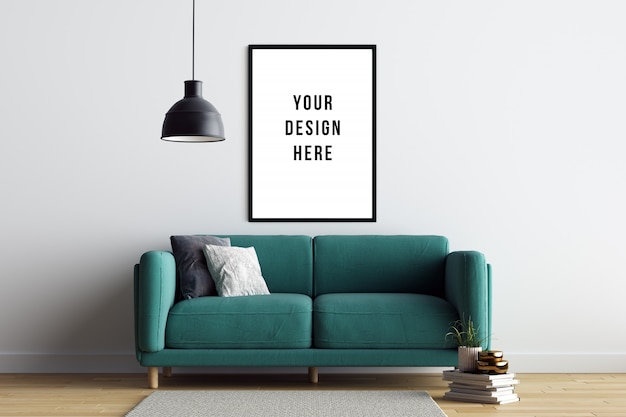 Poster frame mockup interior con divano e decorazione