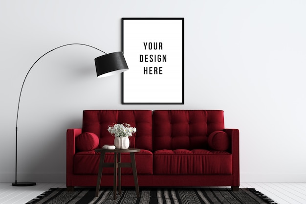 Poster frame mockup interior with sofa and decoration