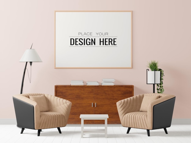 PSD poster frame mockup in living room