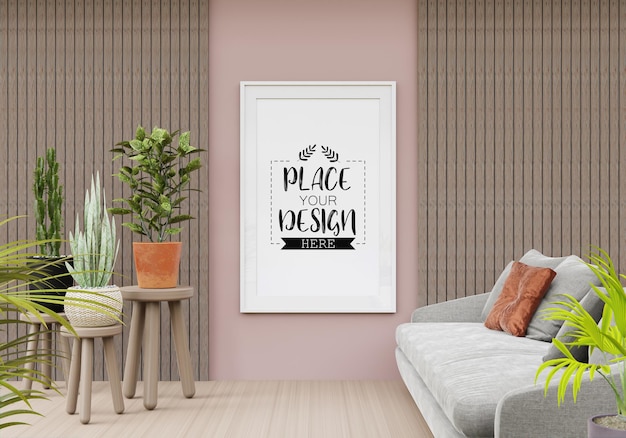 PSD poster frame mockup in living room