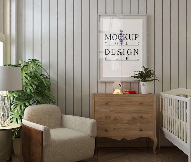 Poster frame mockup in modern baby's bedroom