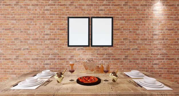 Mockup di cornice per poster in un moderno ristorante di interior design con cibo sul tavolo di legno