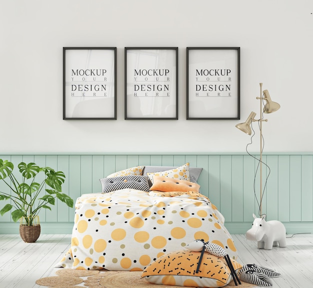 Poster frame mockup in pastel colour kids bedroom