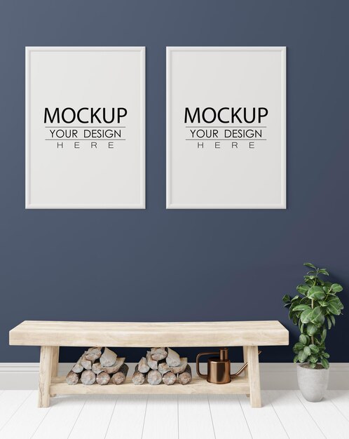 PSD poster frame mockup sul muro con pianta