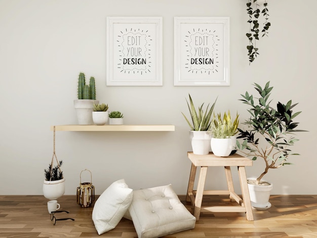 PSD poster frame mockup sul muro con pianta