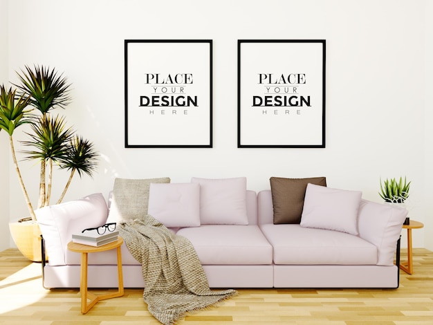 poster frame mockup on the wall with plant