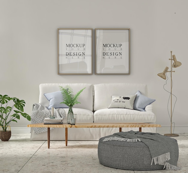 Mockup di cornice per poster all'interno bianco del soggiorno