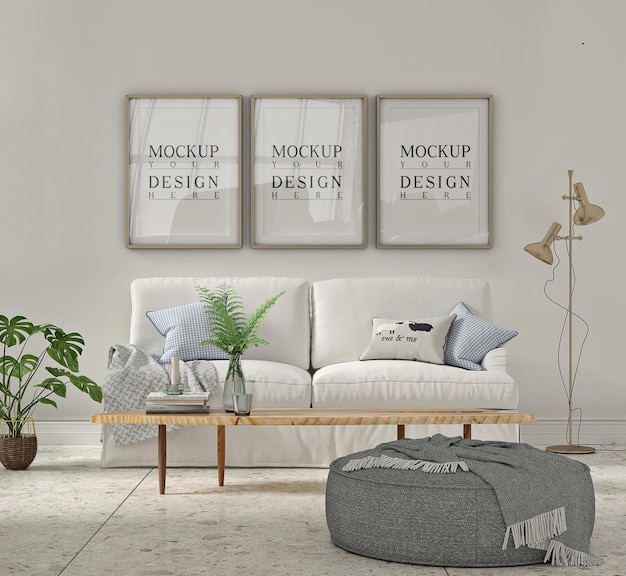 Poster frame mockup in white interior of living room