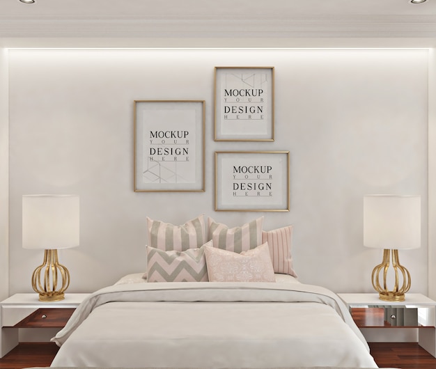 Poster frame mockup in white modern bedroom