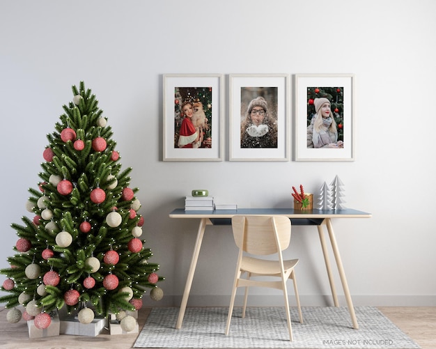 Poster frame mockup with christmas tree