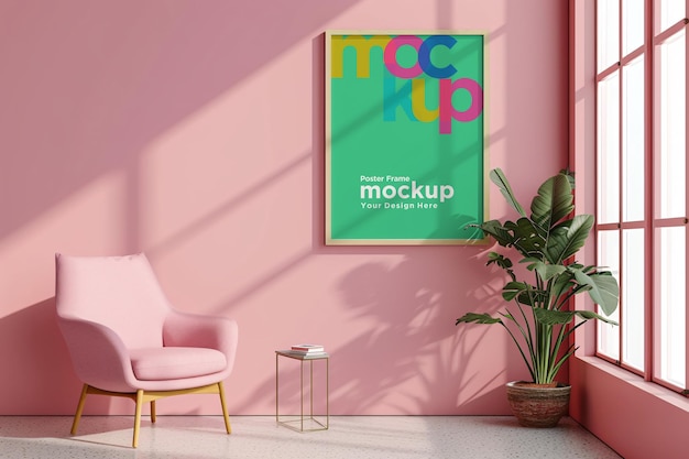 PSD poster frame mockup con vasi e libri su una parete rosa e oggetti decorativi sullo scaffale