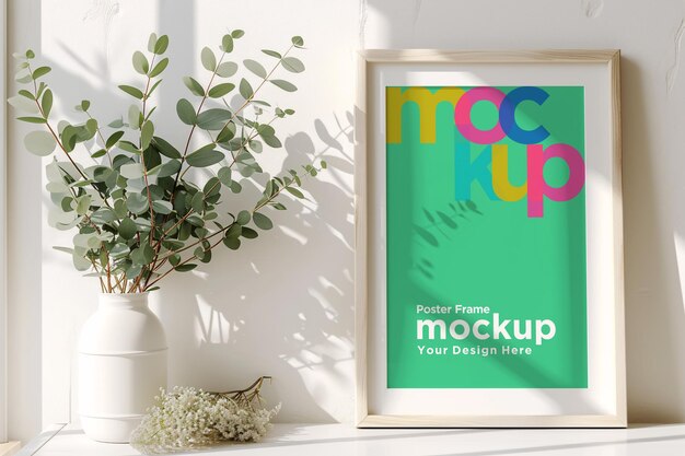 Poster Frame Mockup with vases Green Plants on a Table with window light