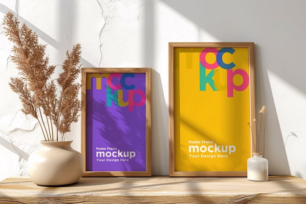 PSD mockup della cornice del poster con un vaso sul tavolo