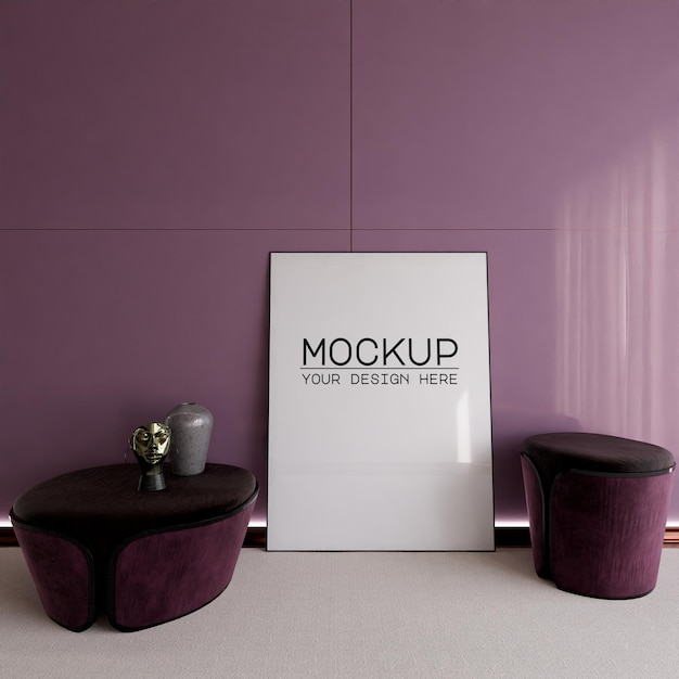 Poster frame mockup with violet glass wall and modern furniture in 3d rendering