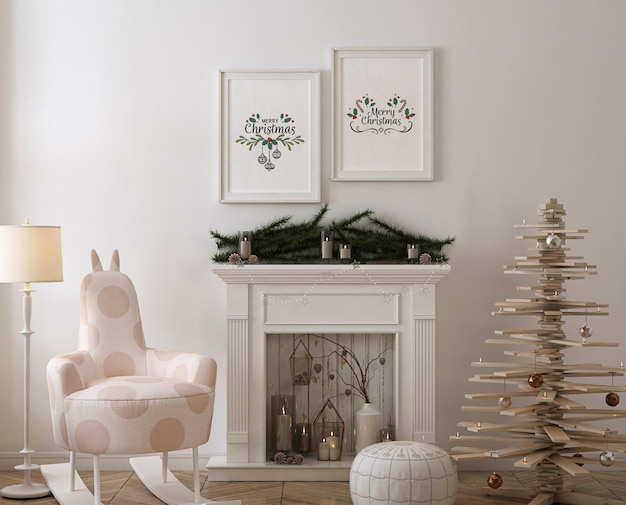 Poster frame mockup with wooden Christmas  tree, decoration and presents