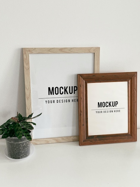 Poster frame mockup. Wooden framed photo mock-up. Empty frame template. Oak wood gallery frame