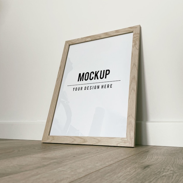 Poster frame mockup. Wooden framed photo mock-up. Empty frame template. Oak wood gallery frame