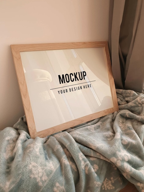 PSD poster frame mockup. wooden framed photo mock-up. empty frame template. oak wood gallery frame