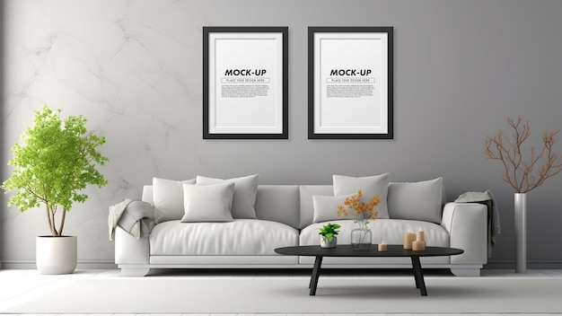 PSD poster frame in modern minimalist living room mockup