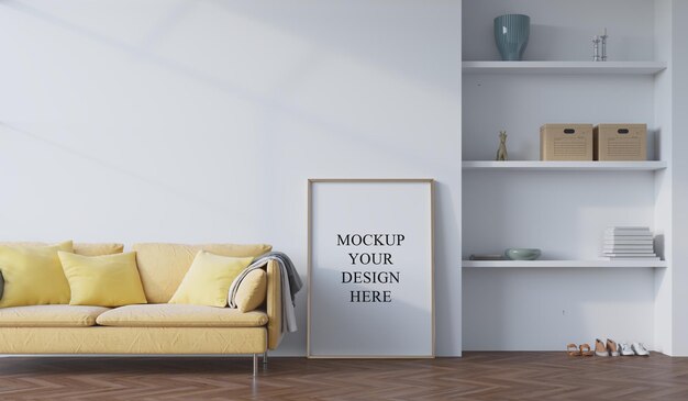 poster framed mockup in simple modern interior background with sofa and decoration 3d rendering