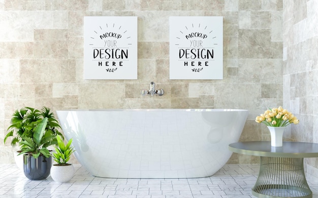 Poster frames mockup on bathroom interior