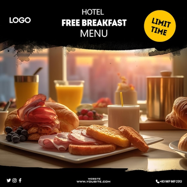 A poster for a free breakfast menu with a breakfast menu on it.