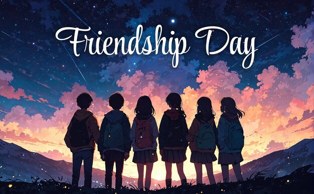 A poster for friendship day with the words friendship day in a starry night sky