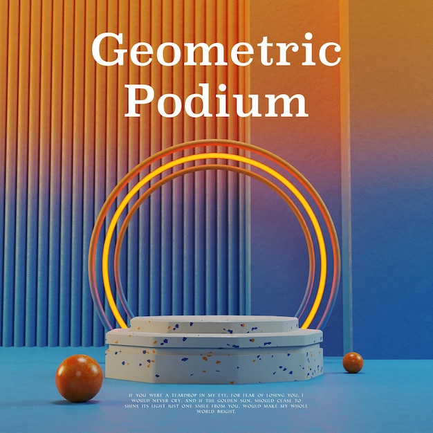 A poster for a geometric podium with orange balls on the floor.