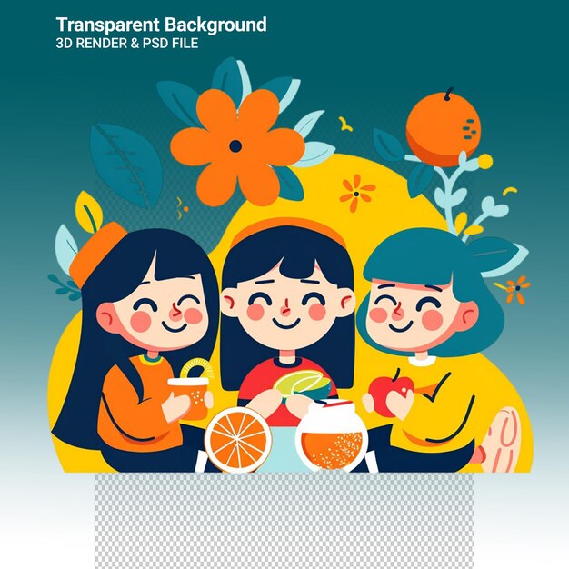 PSD a poster for a girl and two girls with oranges and a flower on the top