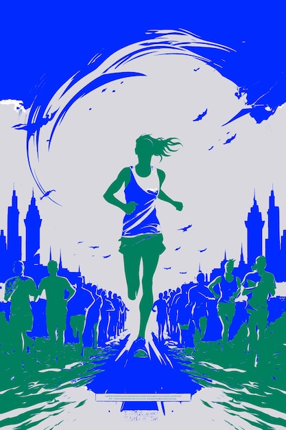 A poster for a girl with a blue background with a city in the background
